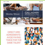 Cover of Issue 16 of the Gallagher Evelius & Jones Monday Minute newsletter. Features the topic of Direct Hire Agreements